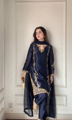 Azure Moti Hand Work Crep Silk Farshi Salwar