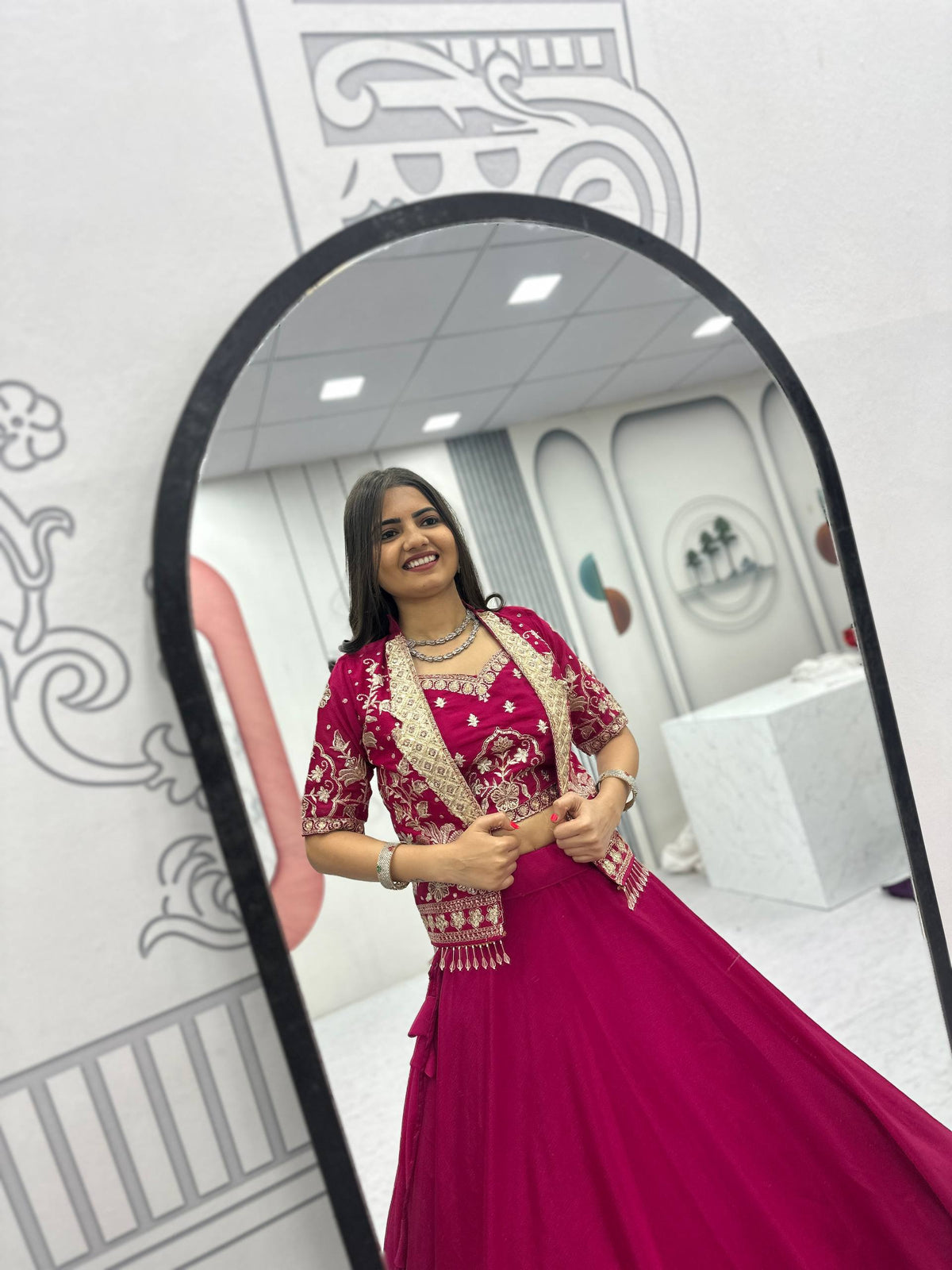 Anushka Chinon Crop Top Jacket Lehenga Choli
