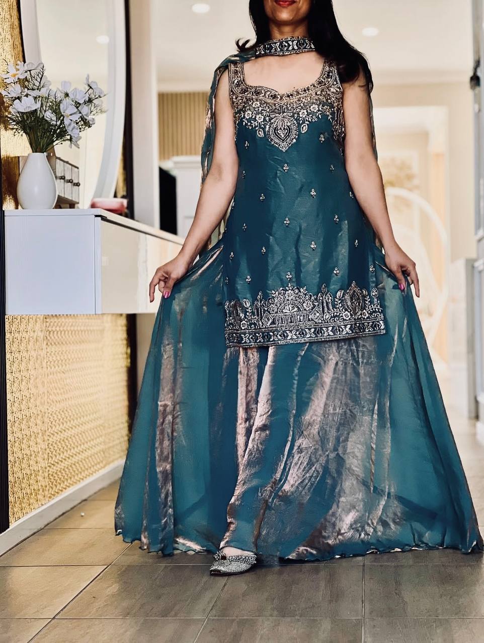 Mehrunisa Beads Handwork Frendy Silk Palazzo Set
