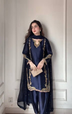 Azure Moti Hand Work Crep Silk Farshi Salwar