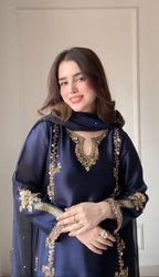 Azure Moti Hand Work Crep Silk Farshi Salwar