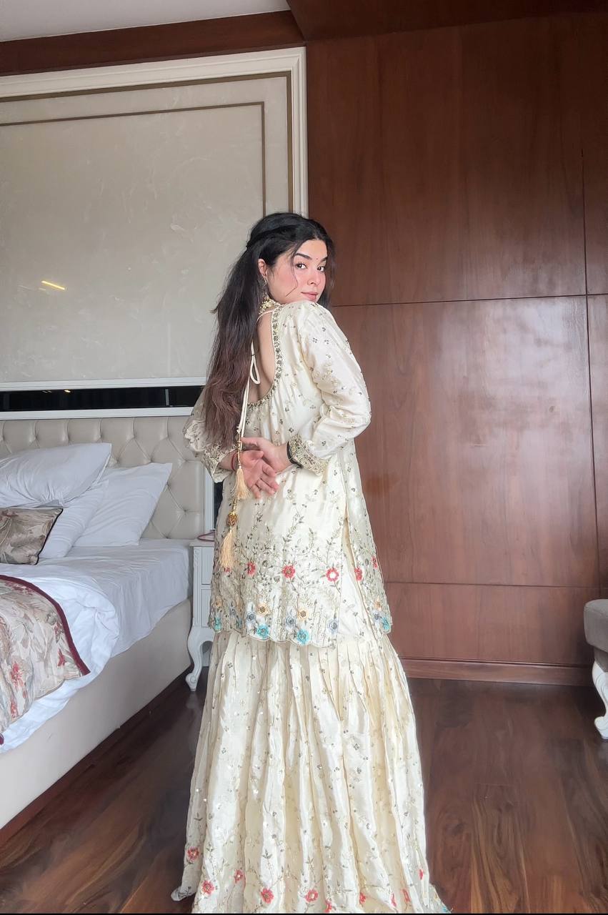 Samaira Hand Embroidered Sharara Suit with Sky Blue Dupatta