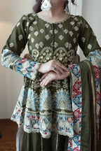 Elegant Olive Green Chinon Embroidered Suit Set